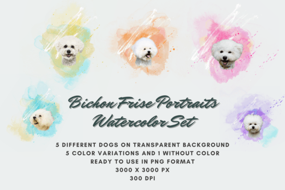30 Bichon Frise Portraits Watercolor Set