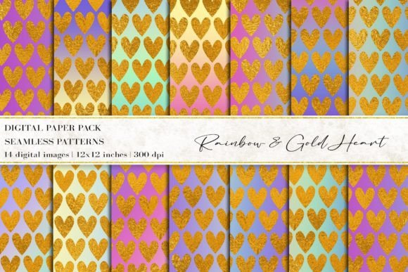 Rainbow Gold Heart Digital Papers